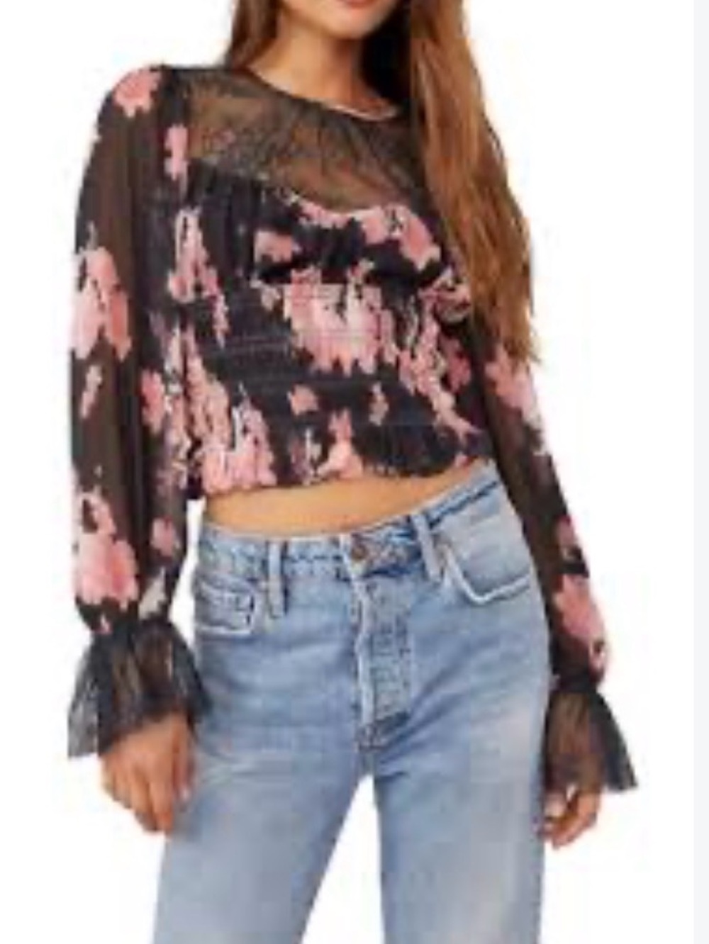 NWT Free People Black Sheer Floral Smocked Crop Top with Pink Blooms